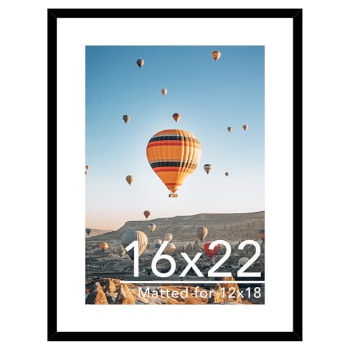 JCJMY 16x22 Picture Frame with 12x18 Mat, Display Photo 12x18 with Mat or 16 x 22 Without Mat, Wall Hanging Large 16 by 22 Poster Frame with Plexiglass, Black