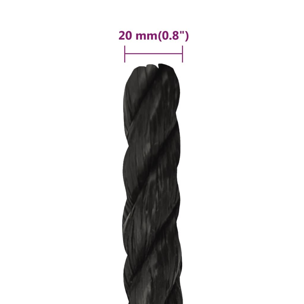 VidaXL Black Work Rope 12 Mm X 100 M - Durable Braided Polyester Cord - UV And Abrasion Resistant, 1900 Kg Breaking Load