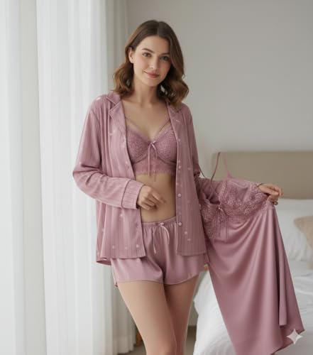 Image of Valentine's Day Fancy Night Suit Bath Robe Dress Bra Panty Set Combo for Women's Pack of 7 Pcs Nightwear Lingerie Silk Wedding Set Gifts Lace Nightsuit Set (Free Size) Lingerie Pink