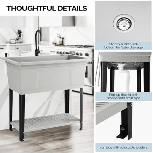 Image of Vingli 37-Gallon Freestanding Utility Sink with Faucet, 36 inch Heightened Basin for Laundry, Garage, Outdoor Garden, Pet Wash, Heavy Duty Plastic Laundry Tub with Storage Shelf, 40 inchLx24 inchWx36 inchH, Grey