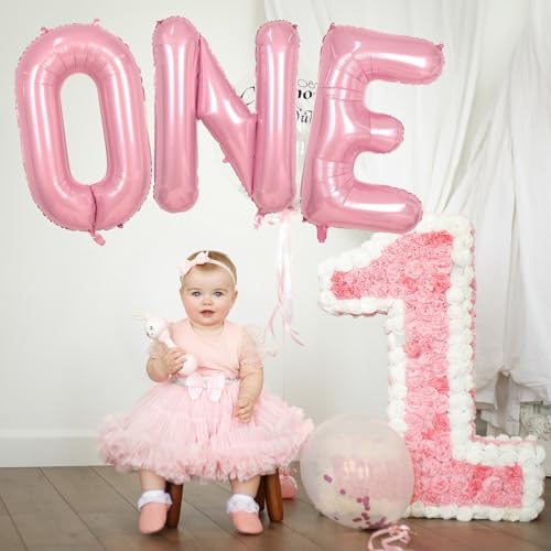 Image of 40 Inch Pastel Pink ONE Balloon for 1st Birthday - Light Pink Letters With Ribbon - Baby Pearl Alphabet for Girls First Birthday, 1 Year Old Baby Shower Party Decorations