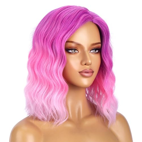 Image of BERON Rose Pink Wigs for Women Short Curly Wavy Wig Girls Middle Part Ombre Pink Purple Colorful Body 14 Inch Heat Resistant Synthetic Hair Wig Cosplay Daily Party Wigs