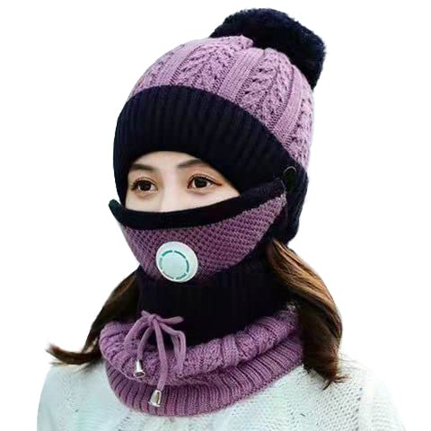 Warm Winter Beanie Hat, Fashion Women Winter Warm Knitted Hat Thickened Woolen Cap with Warm Mask and Neck Scarf, Womens Knit Beanie Hat, Winter Scarf Mask Set,Girls Warm Hat Earmuffs Cap with Pom