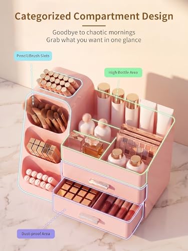 Image of Booklov Makeup Organizer for Vanity, Large Capacity Cosmetic Display Case with Drawers, Countertop Beauty Storage Holder for Skincare, Brush Eyeliner Perfume Eyeshadow Lipsticks, Counter Desk, Pink