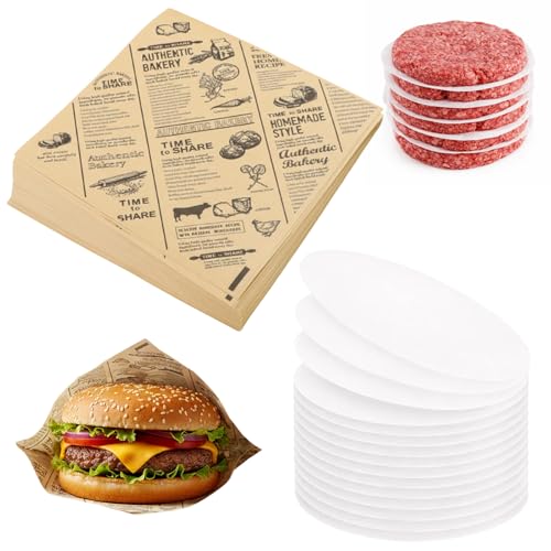 200 Stück Burger Papier Set: 100 x Fettpapier in Backpapier Zeitungsoptik + 100 x Trennpapier Wasserfestes Einschlagpapier & Buffet Zubehör für Burger Pommes & Snacks