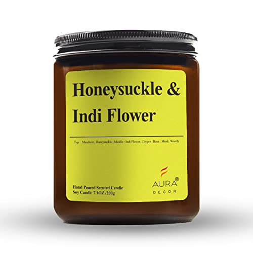 Image of AuraDecor Scented Jar Candle | Handpoured Soy Wax Candle with Long Lasting Burn Time | Premium Amber Jar Aromatherapy Candle | Ideal Gift for Home & Decor (Extra Large, Honeysuckle & Indi Flower)