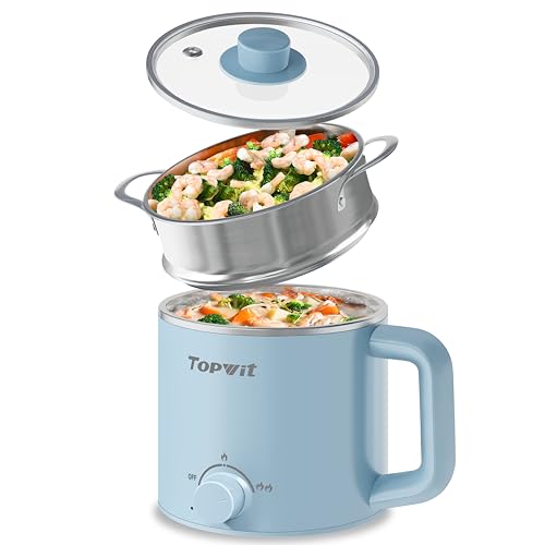 Topwit Hot Pot Electric with Steamer, 1.6L Ramen Cooker, Electric Pot for Pasta, Shabu-Shabu, Oatmeal, Soup and Egg, Portable Cooker with Dual Power Control, Dorm Room Essentials, Blue