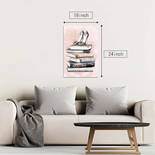 Image of HILL WEST Pink Modern Canvas Wall Art - Glam Fashion Magazine Picture Prints Stacked Book & High Heels Painting Contemporary Artwork for Girl's Room Bedroom