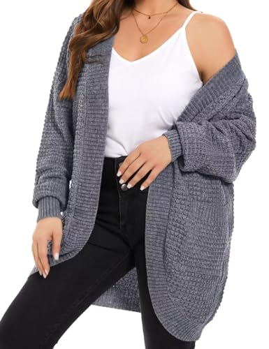 Image of MONNURO Womens Plus Size Open Front Cardigan Waffle Knit Long Sleeve Sweaters Tops Fall Coat Outerwear with Pockets