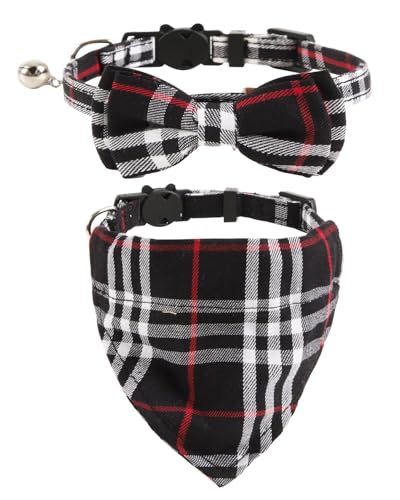 UYRVAPE 2pcs Colliers pour chats avec cloches Noeud papillon amovible Bandana, collier pour chaton, Bandana, noeud papillon pour chien, Collier Chat avec Boucle de Sécurité Ouvrable Facilemen, noir
