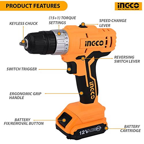 INGCO CDLI1222 Lithium-ion Cordless Drill 12 V Angle Drill 2 Speed Gear 15+1 Torque Settings 1.5 Ah Battery CR-V Bit Grip Handle Compact Kit for Drill Wood Metal Home Improvement & Industrial Use