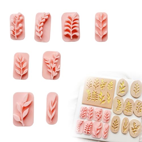 JVHLOV Emporte-pièces en argile polymère – Mini tampons texture pour boucles d’oreilles en pâte polymère, 8 motifs feuilles, outils DIY pour bijoux faits main, Fimo, résine, fondant