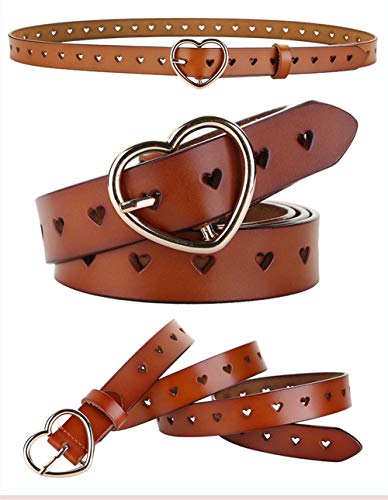Genuine Leather Belts For Women/Girls 1Inch Wide Heart Holes All Around Waist Belt For Dress Pants Jeans (Brown, Waist :22"-26"/95cm)2