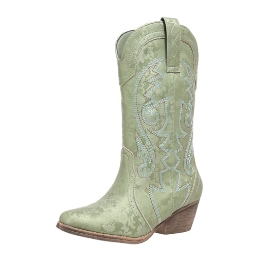 Image of SelRoys Cowboy Boots for Women Cowgirl Mid Calf Western Pointy Toe Boots Embroidered Stitched Chunky Heel Red Brown US5-11