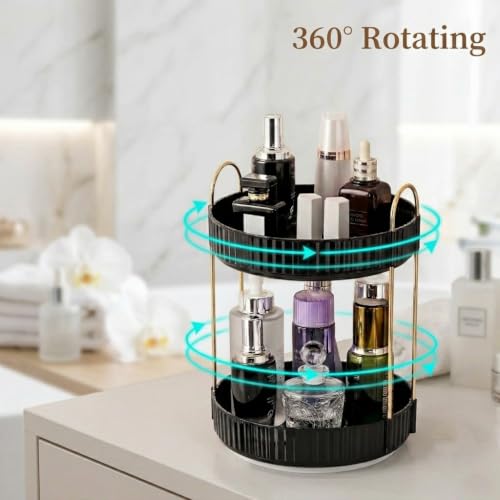 Image of INOVERA (LABEL) 360 Rotation Makeup Organizer for Women, Girls & Bride - Dressing Table Cosmetic Storage Case - Bathroom Vanity Skincare Holder Organiser (2 Tier, Black)