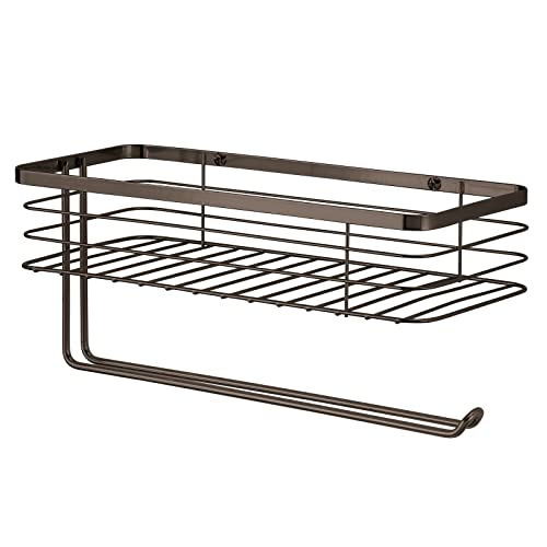 Product Image of the mDesign Steel Horizontal Wall Mount Paper Towel Holder with Basket Storage Organizer for Kitchen Countertop, Pantry, Cabinet, Cupboard - Holds Spices, Snacks, Drinks - Carson Collection - Bronze
