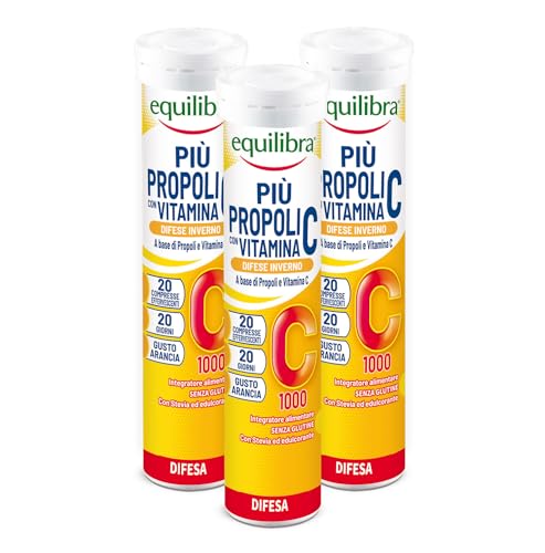 Equilibra Integratori Alimentari, Più Propoli con Vitamina C, Integratore per la Normale Funzione del Sistema Immunitario, Propoli e Vitamina C, Gusto Arancia, 3 Pezzi da 20 Compresse Effervescenti