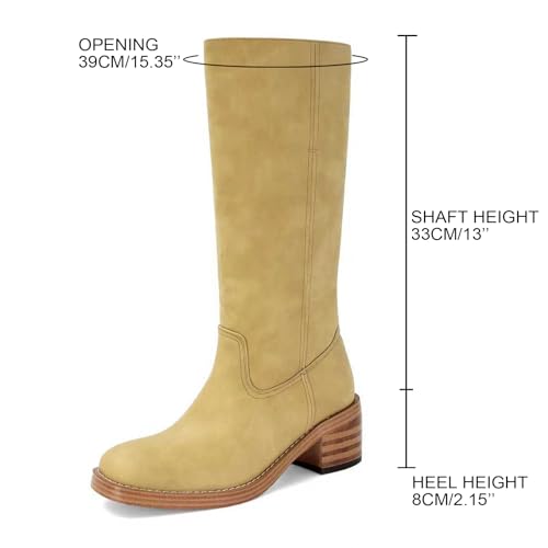 Image of DOEYG Women's Banana Knee High Boots Square Toe Chunky Block Heel Tall Boots Wide Calf Fashion Comfortable Casual Pull on Long Boots