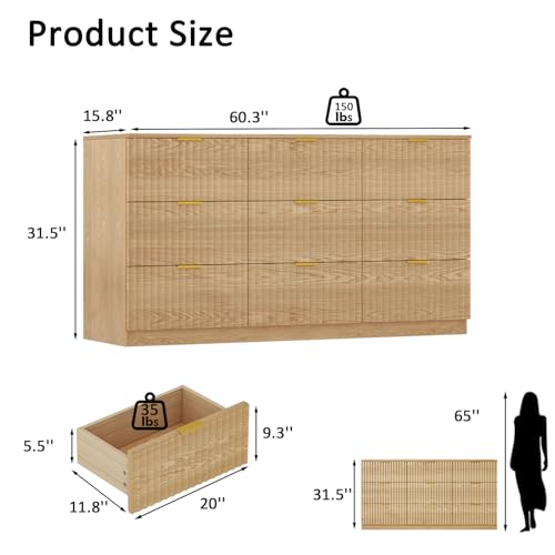 Image of Fluted 9 Drawer Dresser for Bedroom,60.3'' W Modern Dresser for Closet with Metal Handle, Wooden Chest of Drawers for Bedroom, Living Room, Hallway, Natural