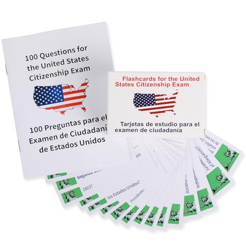 U.S Civics Test Flash Cards Combo Set, Naturalization Study Guide with Bilingual Booklet for English and Spanish, Flashcards for The United States Citizenship