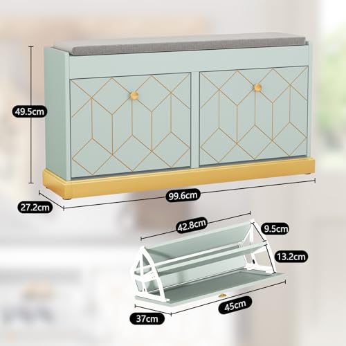 HOLTICO Shoe Bench Storage with Seat, Green Shoe Cabinet Cupboard with Cushion & Flip-Drawer, Shoe Storage Cabinet for Hallway, Entryway