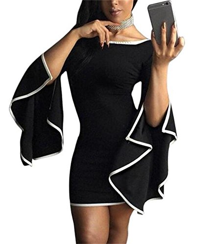Womens Sexy Off The Shoulder Asymmetric Hem Flare Sleeve Bodycon Mini Dress Black