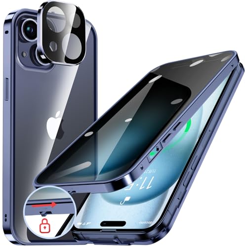 HGUTREY【覗き見防止・自動ポップアップボタン】 iPhone15 用 ケース 【ロック付き】【ストラップホール付き】一体型レンズ保護 両面9H強化ガラス あいふぉん15ケース 耐衝撃 アルミ バンパー メタルフレーム スマホケース 薄型 背面クリア 高感度タッチ 軽量 すり傷防止 ワイヤレス充電対応 アイフォン15 用 カバー 6.1インチ（ディープブルー）