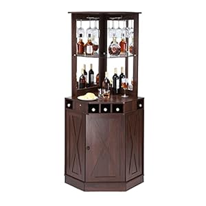 VEVOR Corner Industrial Bar Cabinet, Wine Table for Liquor & Glasses, Sideboard Buffet Cabinet with Glass Holder, Freestanding Farmhouse Wood Coffee Bar Cabinet for Living Room, Home Bar, Black Walnut