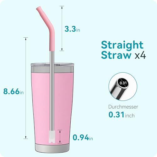 Soledea 4 pcs Reusable Metal Straws, Stainless Steel Straws with Silicone Tip for 20 oz Tumbler, Long Drinking Replacement Straw for YETI, STANLEY, US Acrylio, BJPKPK, Simple Modern and so on