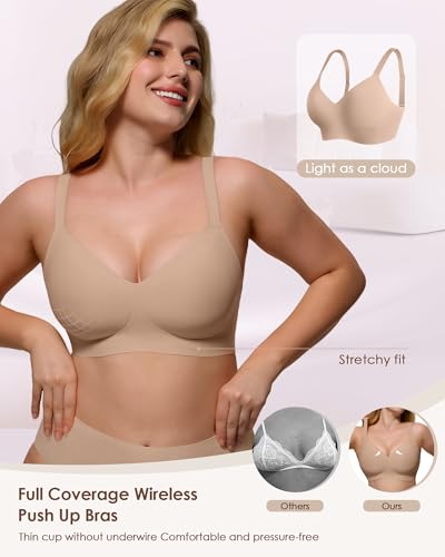 Image of As Fairy Womens Soft Comfortable No Underwire Bras V Neck Seamless Push Up Bralettes Full Coverage Tshirt Brassiere