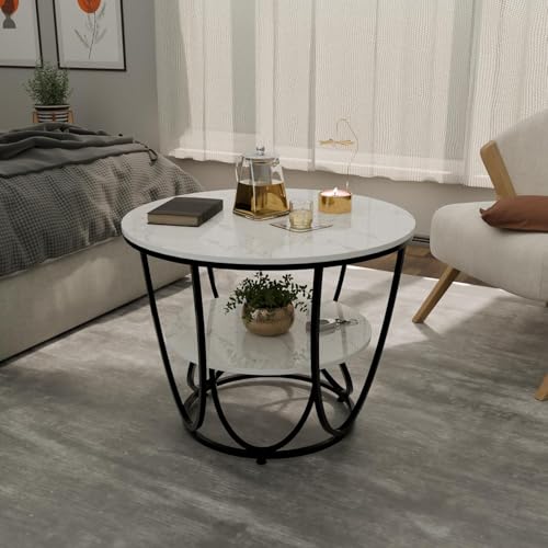 Image of Brown Art SHOPPEE Faux Marble Top Round 2 Tier Metal Coffee Tables Simple Living Room Table Sets, Sofa Center Table End Tables with Metal Frame Home Decor for Living Room (Black & White)