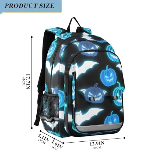 kids backpack cute 8-12： large capacity books bag for 6th grade school boys girls in assorted colors - Light Up Pumpkin Bat Blue White2