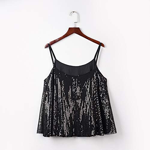Womens Sequin Top Camisole Sleeveless Vest Glitter Shining Spaghetti Strap Club Tank Top Black