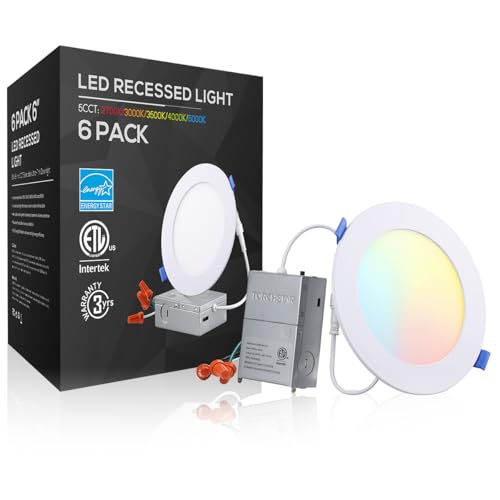 TORCHSTAR 6-Pack 5CCT 6 Inch Ultra-Thin LED Recessed Light CRI90 12W
