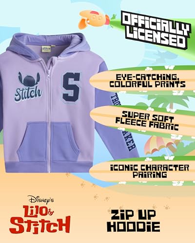Image of Disney Lilo and Stitch Girls Cozy Fleece Zip Up Graphic Hoodie Sweatshirt | Soft Fleece Interior, Warm Without Bulk, Breathable Comfort, All-Day Wear