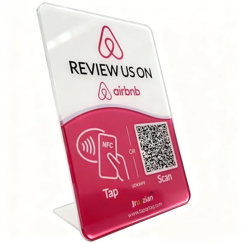 Review Tap Card Stand for Airbnb – NFC Review QR Code Sign to Boost Reviews & Engagement – Reusable, Compatible with All Smartphones, No App or Fees, With Adhesive Backing and Included Stand)