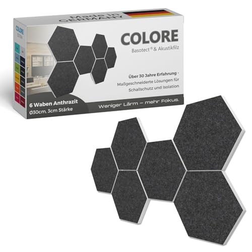 platino24 Akustikpaneele 6 Elemente Colore Waben Ø 30 cm Anthrazit I Schallabsorber aus Basotect G+ mit Akustikfilz I Schalldämmung Wand & Decke I Akustikelemente Wandpaneel