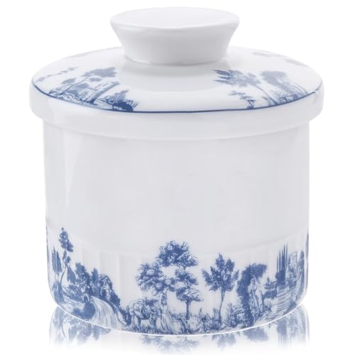 Beurrier Ceramique, 250g Beurrier en Porcelaine avec Ligne d'Eau pour Beurre Frais à Tartiner, Beurrier à Eau avec Couvercle pour Conserver le Beurre Frais, Baratte a Beurre avec Refroidissement