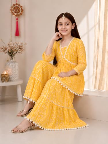 Image of Preneum Girl's Cotton Rayon Bandhani & Lahariya Printed Angrakha Kurta with Sharara & Dupatta