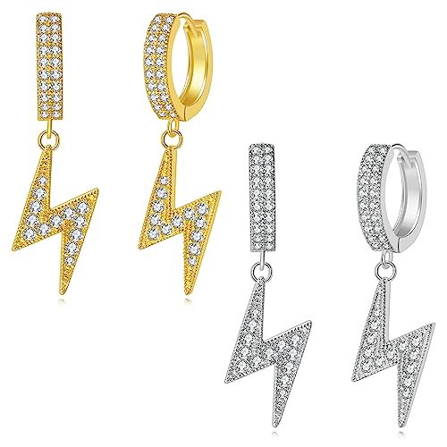 GEMOSA 2 Pairs Lightning Bolt Dangle Earrings for Men 14K Gold Silver Plated Iced Out Small 5A+ Cubic Zirconia Pave CZ Diamond Dangling Hoop Huggie Drop Post Earring Jewelry GIFT