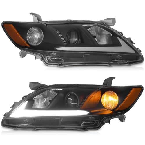 Image of WEELMOTO DRL Headlights Compatible with 2007-2009 Toyota Camry US Version | 2007 2008 2009 Toyota Camry (Exclude Hybird), Black Housing LED Bar (White) Amber Reflector, Left+Right Side, Plug-and-Play