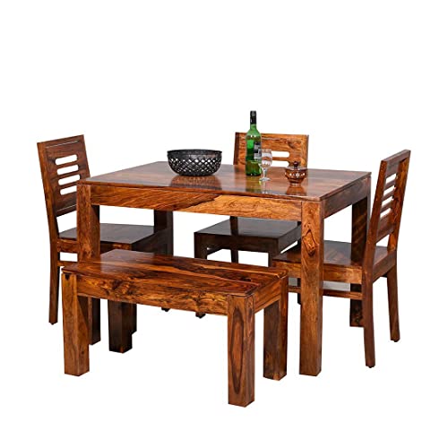 Image of Furnire Carp Sheesham Wood 4 Seater Dining Table Set with 3 Chairs and 1 Bench for Living Room Home || Solid Wood Dining Room Sets Furniture for Dinner Rooms & Hotels (Honey Finish)