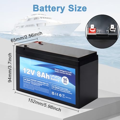 WoskjXas 12V 8Ah 96Wh LiFePO4 Wiederaufladbar Lithium Batterie, tiefes Zyklus 2000 mal mit BMS Schutz, LifePO4 Batterie für Motorboote, Camping, Roller, UPS, Windkraftanlage, Solar, Wechselrichter