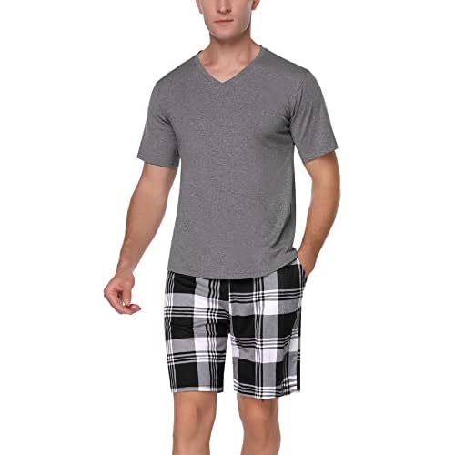 Men's Cotton Pajamas Sets V Neck Lounge Set Sleepwears with Pocket XX-Large Light Grey Plaid
