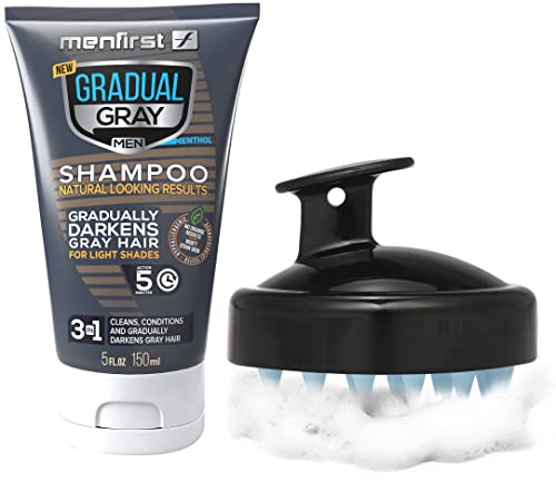 MENFIRST Shampoo Combo For Light Shades - Gradual Gray 3-in-1 Grey Hair Reducing Shampoo and Conditioner & Massager Brush For Brown & Blonde Hair- Darkening Hair Wash & Scalp Scrubber & Exfoliator