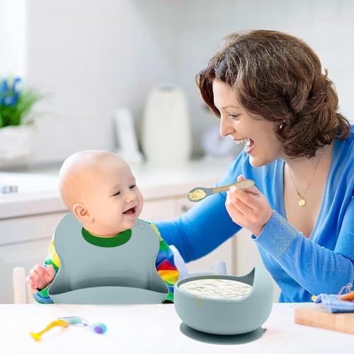 Image of Silicone Baby Feeding Set 6 Pieces with Suction Plate, Bowl, Adjustable Bib, Straw Cup, Spoon & Fork, BPA Free Baby Led Weaning Essentials - Grey
