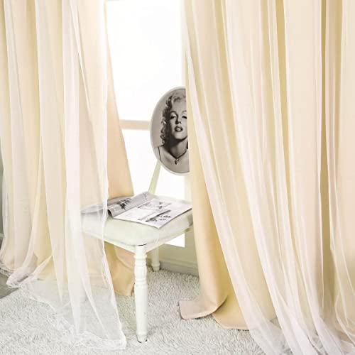 Image of Beige Blackout Curtains with Sheer 54 Inches - Double Layered Short Blackout Curtains with Voile Sheer Drapes for Kids /Girls Bedroom Nursery Living Room, Biscotti Beige, 2 PCs