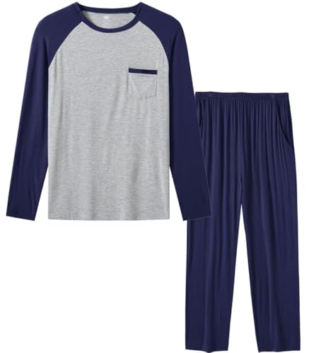 MoFiz Mens Pajama Sets Comfy Long Sleeve Sleepwear Top Solid Pyjama Pants with Pocket 2 Piece Loungewear PJs Sets for Men