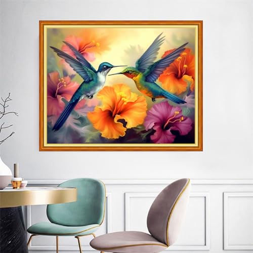 Image of Joyhoor Cross Stitch Kits for Beginners Stamped Cross-Stitch Supplies Needlework preprint Embroidery Kits for Adults DIY Needlepoint Kits Embroidery Patterns 11CT-Hummingbirds gather honey 16x20 inchs