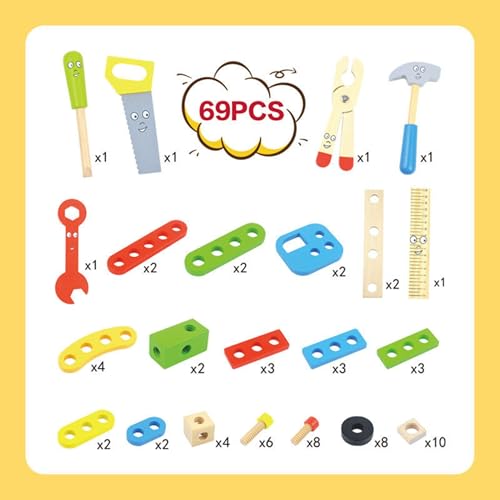 Image of Wooden Tool Kit for Kids | Pretend Play Construction Toy Set | STEM Educational Mechanic Set for Boys and Girls (Ages 3-8) (Wooden Tool Kit 69Pcs)